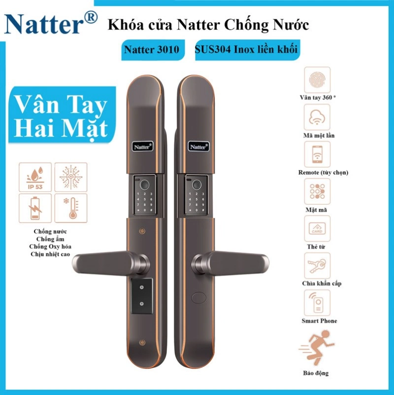 Khóa cửa thông minh Natter 3010 vân tay 2 mặt
