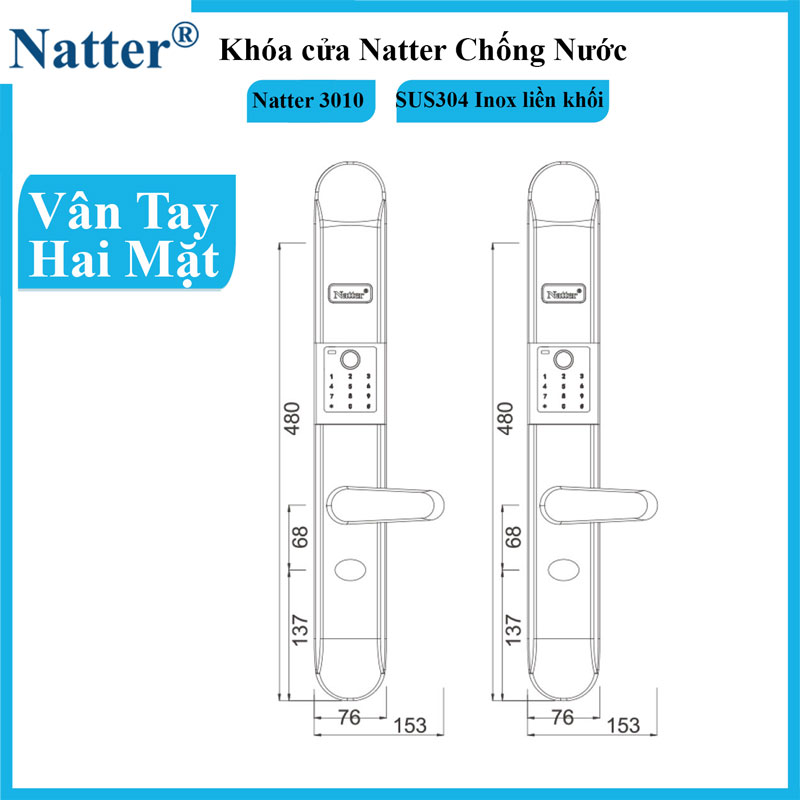 Khóa cửa Natter 3010 thông minh chống nước IP53- Vân tay hai mặt - Ảnh 2